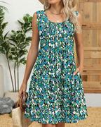 Robe Midi Florale Sloane Femme – Sans Manches, Plis, Poches et Coupe Ligne A