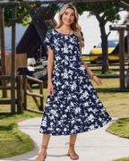 Robe Midi Florale Femme Elodie – Manches Pétales, Poches et Jupe à Volants