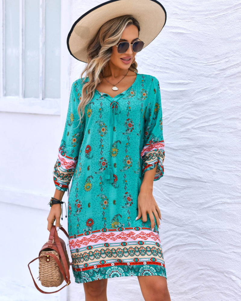 Evelyn Vestido Túnica Boho Mujer – Manga Larga, Borlas y Estampado Floral