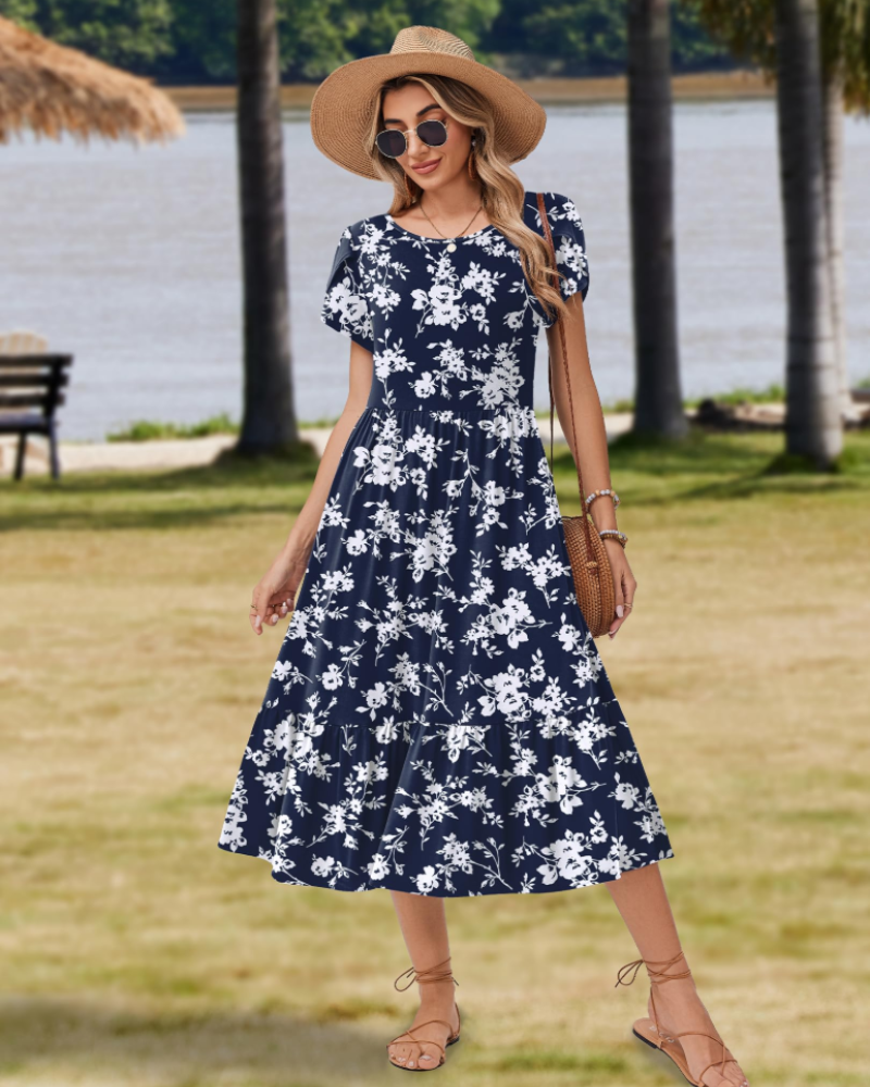 Robe Midi Florale Femme Elodie – Manches Pétales, Poches et Jupe à Volants