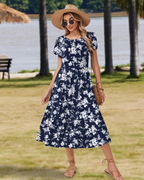 Robe Midi Florale Femme Elodie – Manches Pétales, Poches et Jupe à Volants