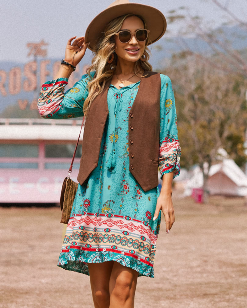 Evelyn Vestido Túnica Boho Mujer – Manga Larga, Borlas y Estampado Floral