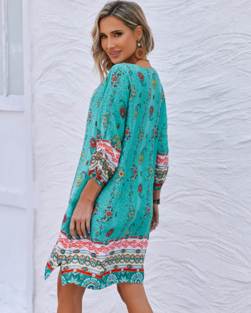 Evelyn Vestido Túnica Boho Mujer – Manga Larga, Borlas y Estampado Floral