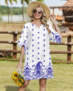 Cecilia Vestido Túnica Boho Mujer – Cuello en V, Borlas, Bolsillos y Manga Media