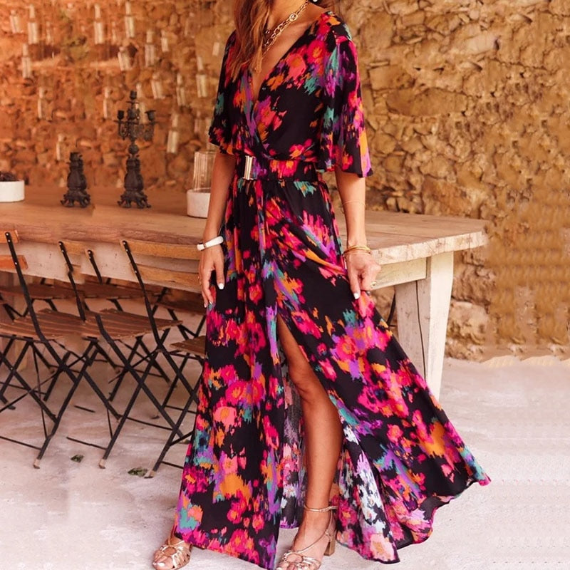 Ronja Robe Longue Croisée pour Femme – Robe Portefeuille Élégante Été