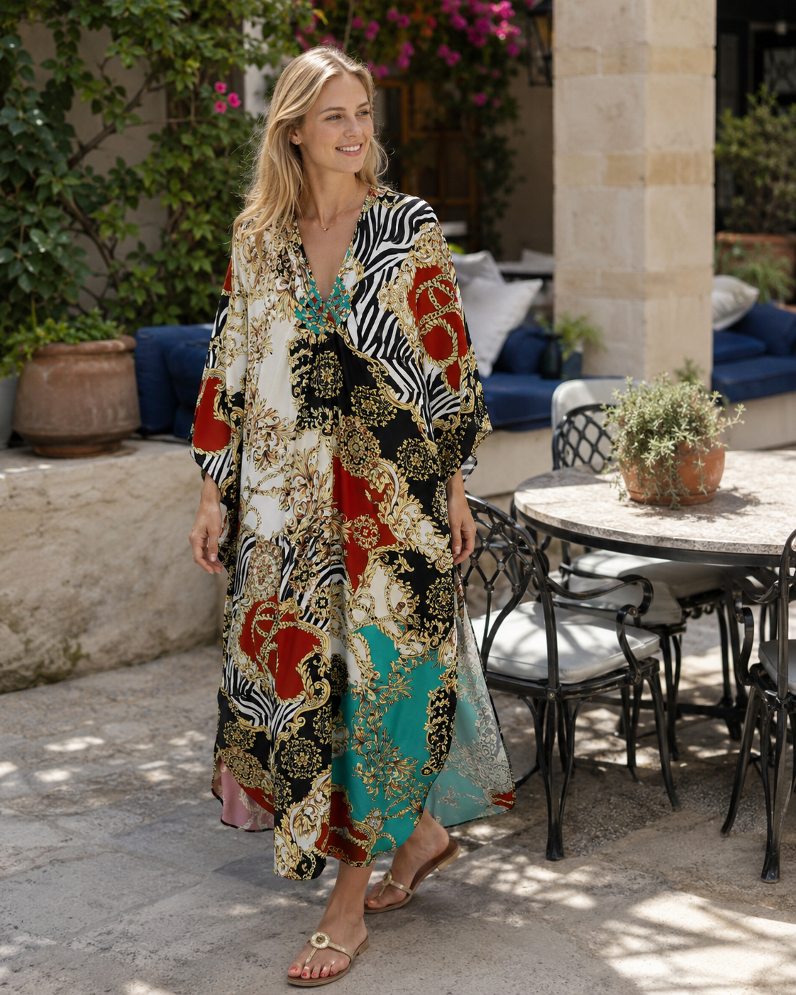 Zara Vestido Kaftán Mujer – Escote en V, Estilo Boho y Cover-Up de Playa