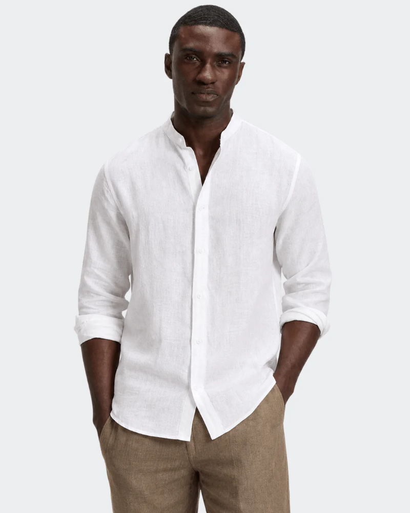Ethan Camisa de Lino Hombre – Cuello Mao, Botones Frontales y Corte Relajado