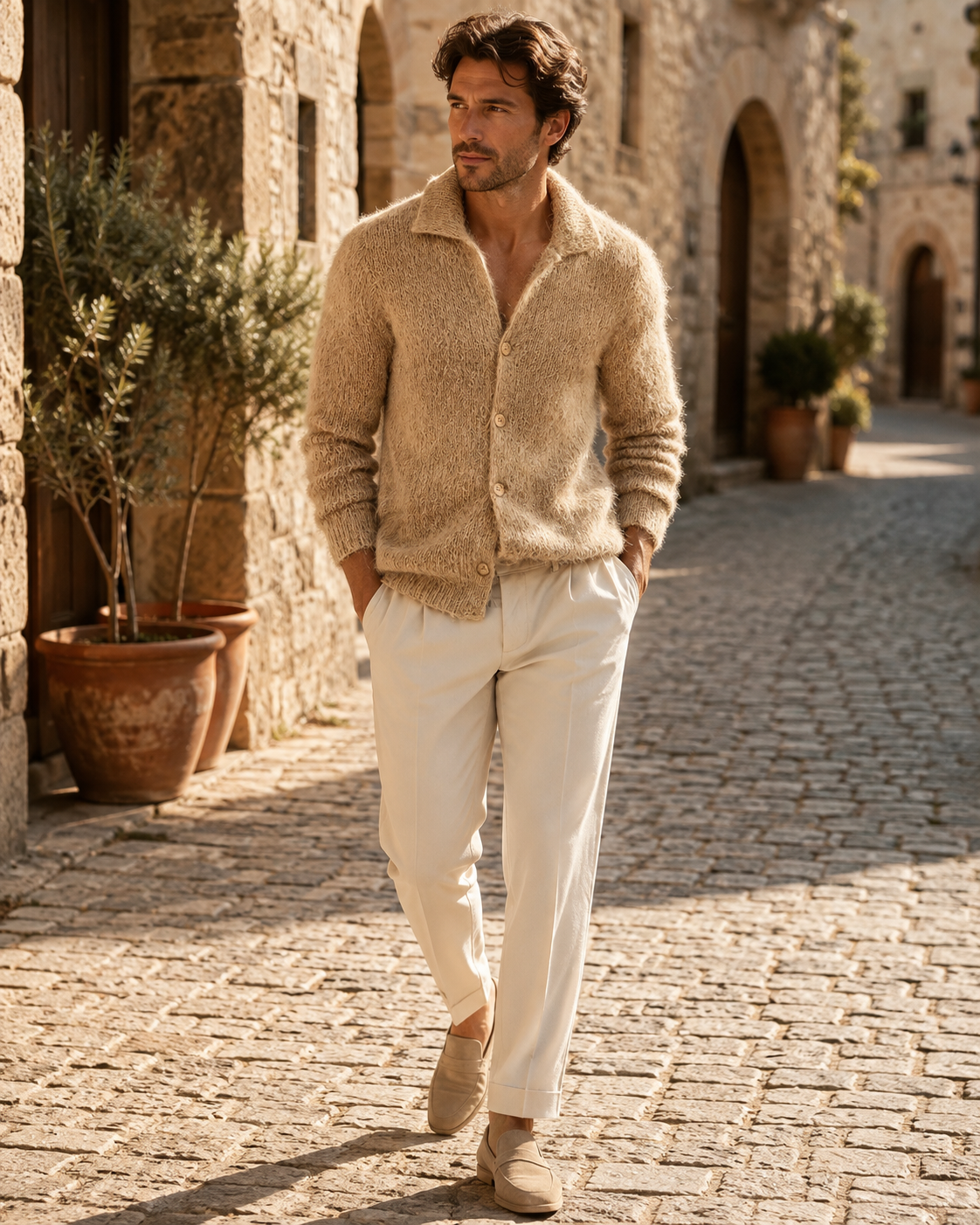 Cárdigan Bruno para Hombre – Cuello solapa, Elegante y Solapa estructurada