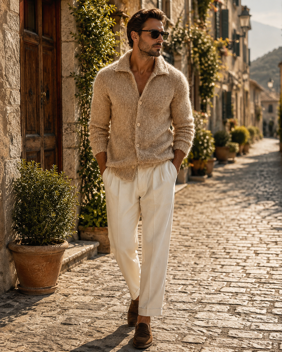 Cárdigan Bruno para Hombre – Cuello solapa, Elegante y Solapa estructurada