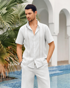 Ethan Conjunto Lino Hombre – Camisa Cubana Manga Corta, Shorts con Cordón y Rayas