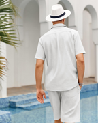 Ethan Conjunto Lino Hombre – Camisa Cubana Manga Corta, Shorts con Cordón y Rayas