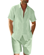 Ethan Conjunto Lino Hombre – Camisa Cubana Manga Corta, Shorts con Cordón y Rayas