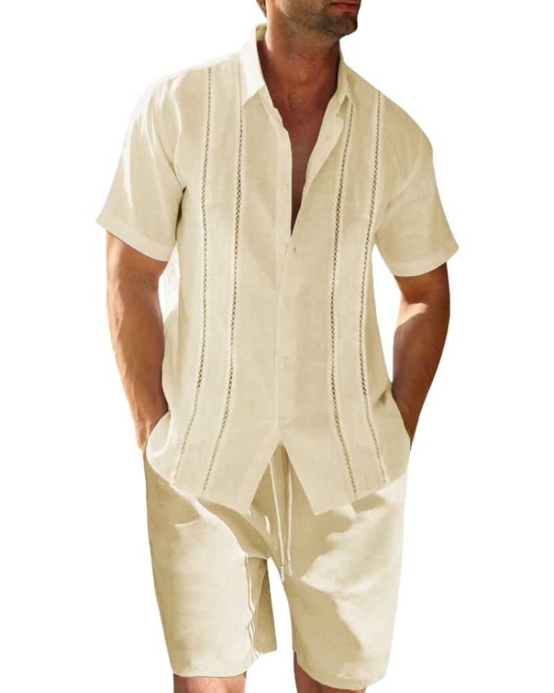 Ethan Conjunto Lino Hombre – Camisa Cubana Manga Corta, Shorts con Cordón y Rayas