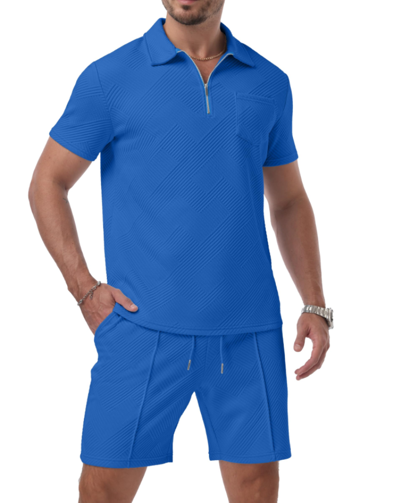 Victor Conjunto Polo Jacquard Hombre – Media Cremallera, Shorts con Cordón y Bolsillos