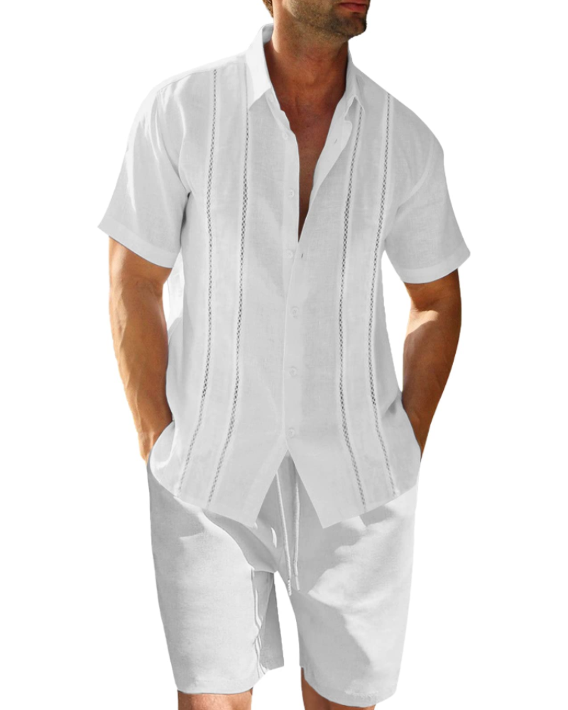 Ethan Conjunto Lino Hombre – Camisa Cubana Manga Corta, Shorts con Cordón y Rayas