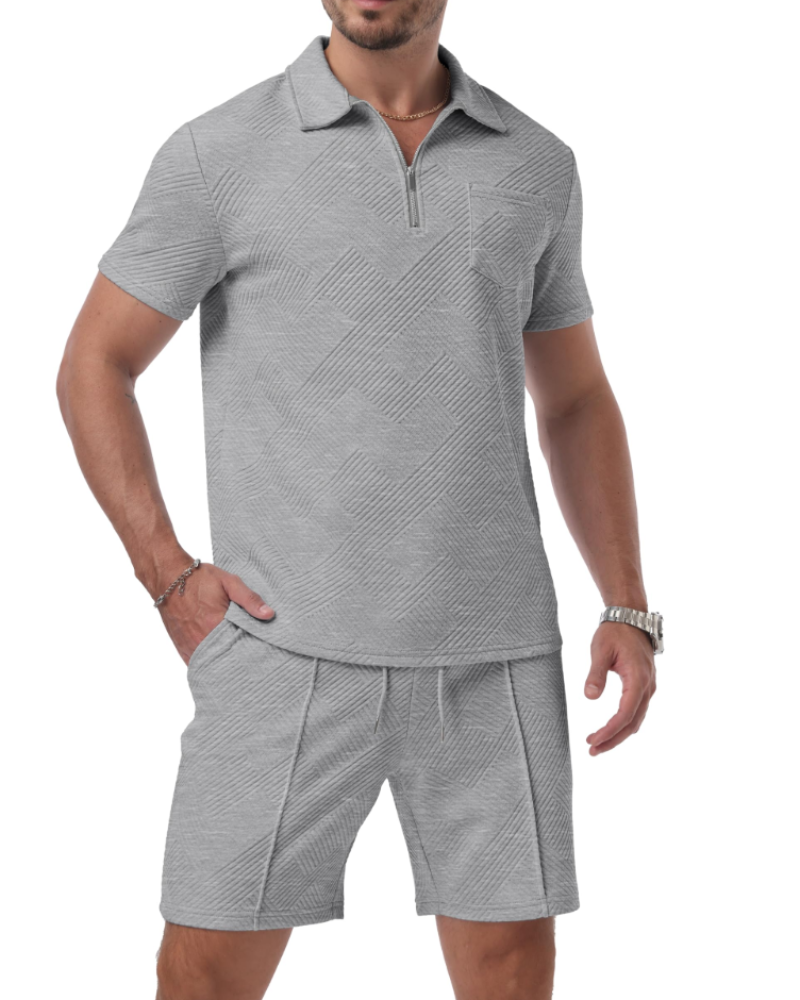 Victor Conjunto Polo Jacquard Hombre – Media Cremallera, Shorts con Cordón y Bolsillos