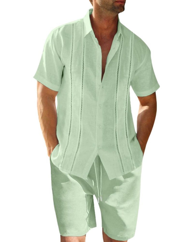 Ethan Conjunto Lino Hombre – Camisa Cubana Manga Corta, Shorts con Cordón y Rayas