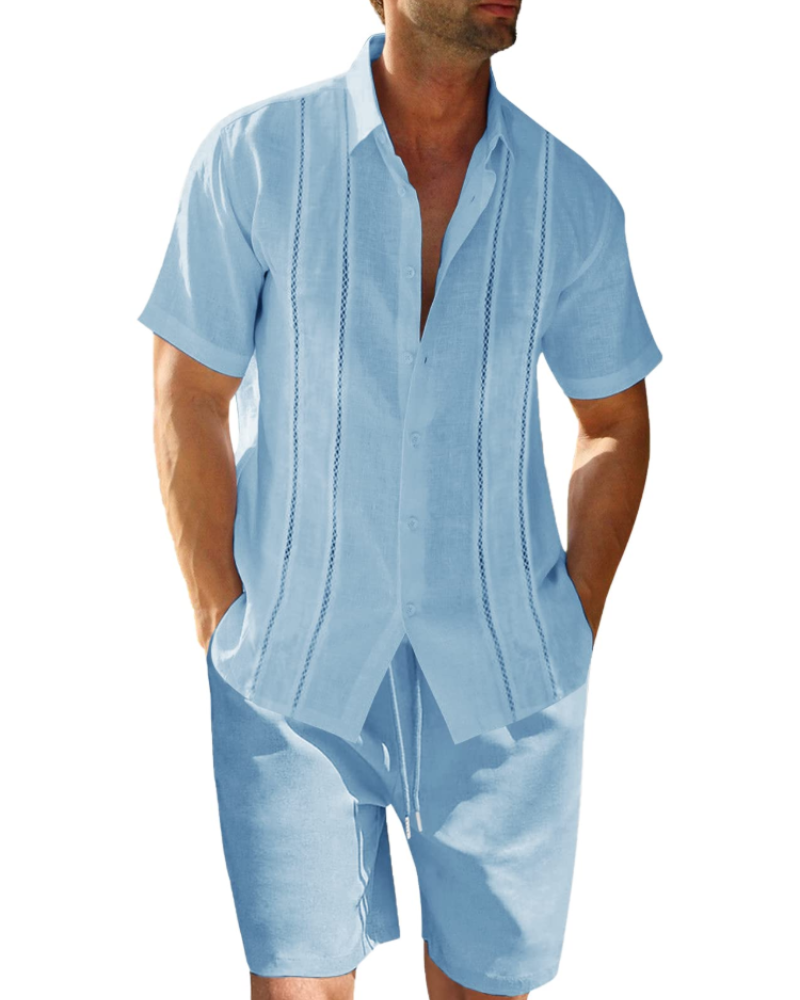 Ethan Conjunto Lino Hombre – Camisa Cubana Manga Corta, Shorts con Cordón y Rayas