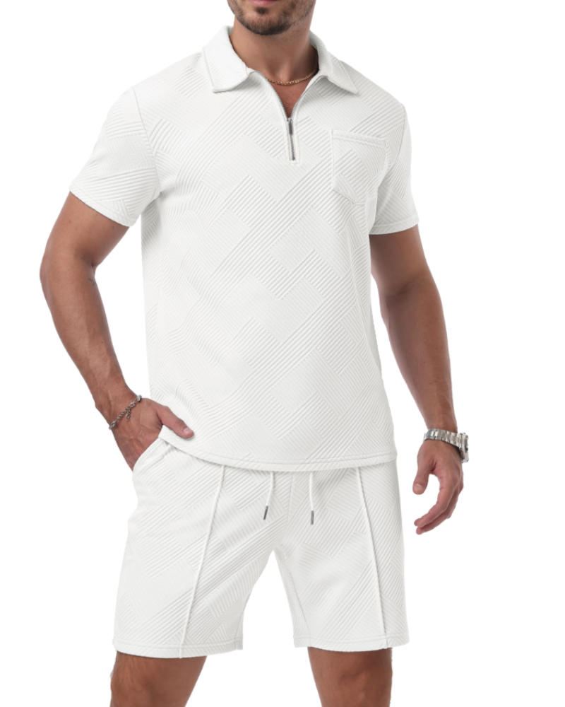 Victor Conjunto Polo Jacquard Hombre – Media Cremallera, Shorts con Cordón y Bolsillos