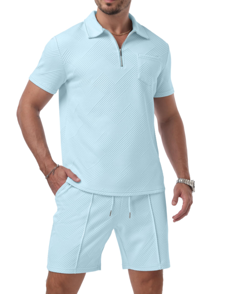 Victor Conjunto Polo Jacquard Hombre – Media Cremallera, Shorts con Cordón y Bolsillos