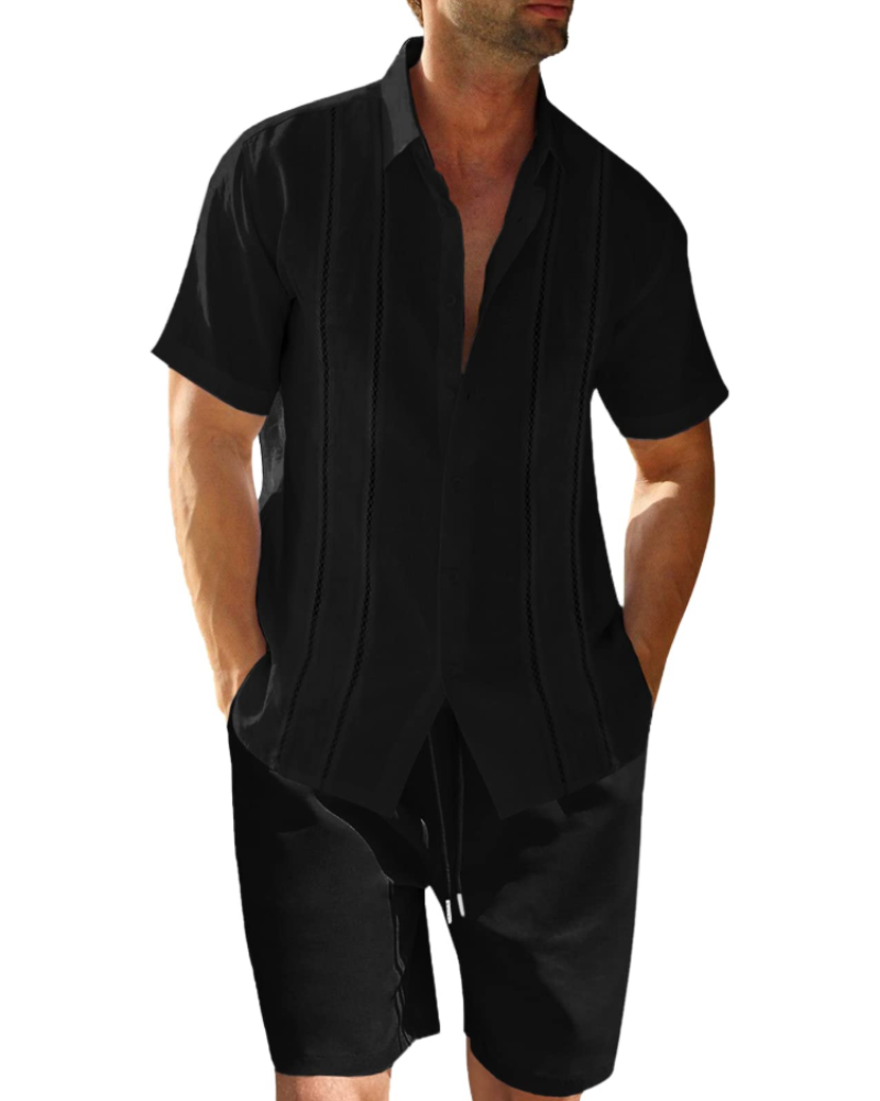 Ethan Conjunto Lino Hombre – Camisa Cubana Manga Corta, Shorts con Cordón y Rayas