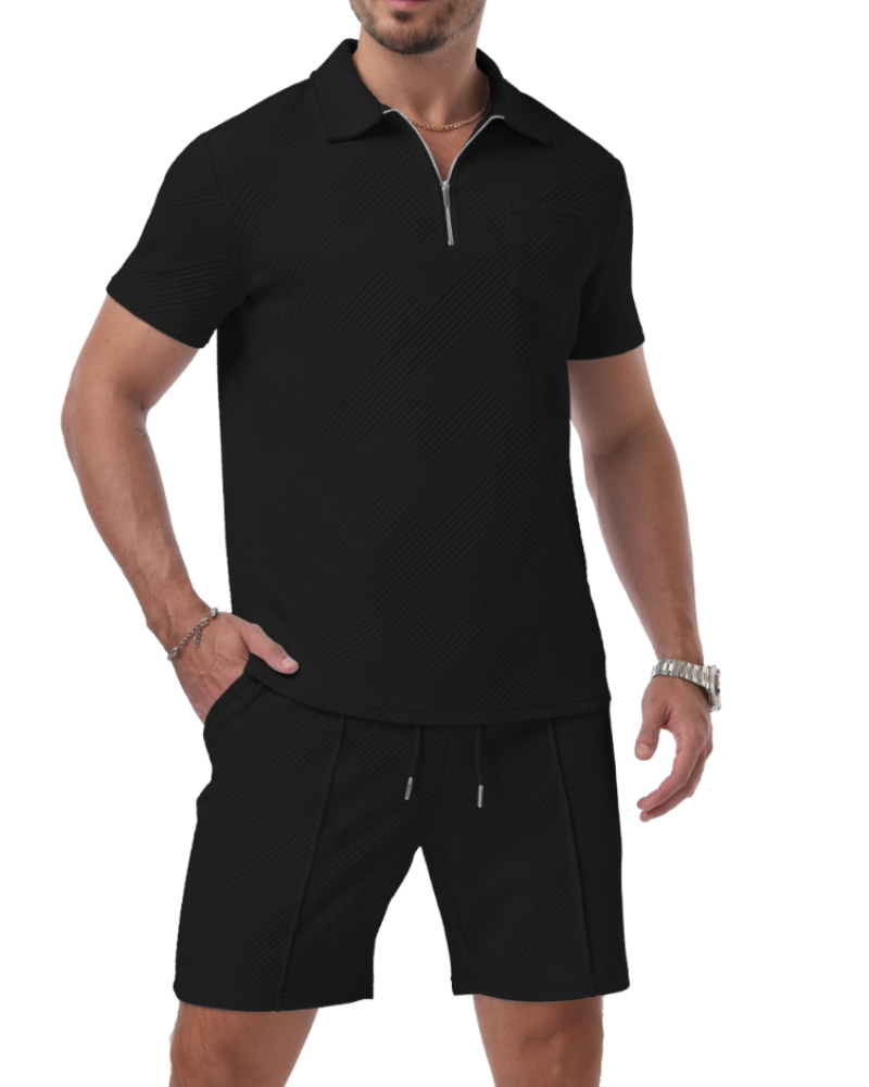 Victor Conjunto Polo Jacquard Hombre – Media Cremallera, Shorts con Cordón y Bolsillos