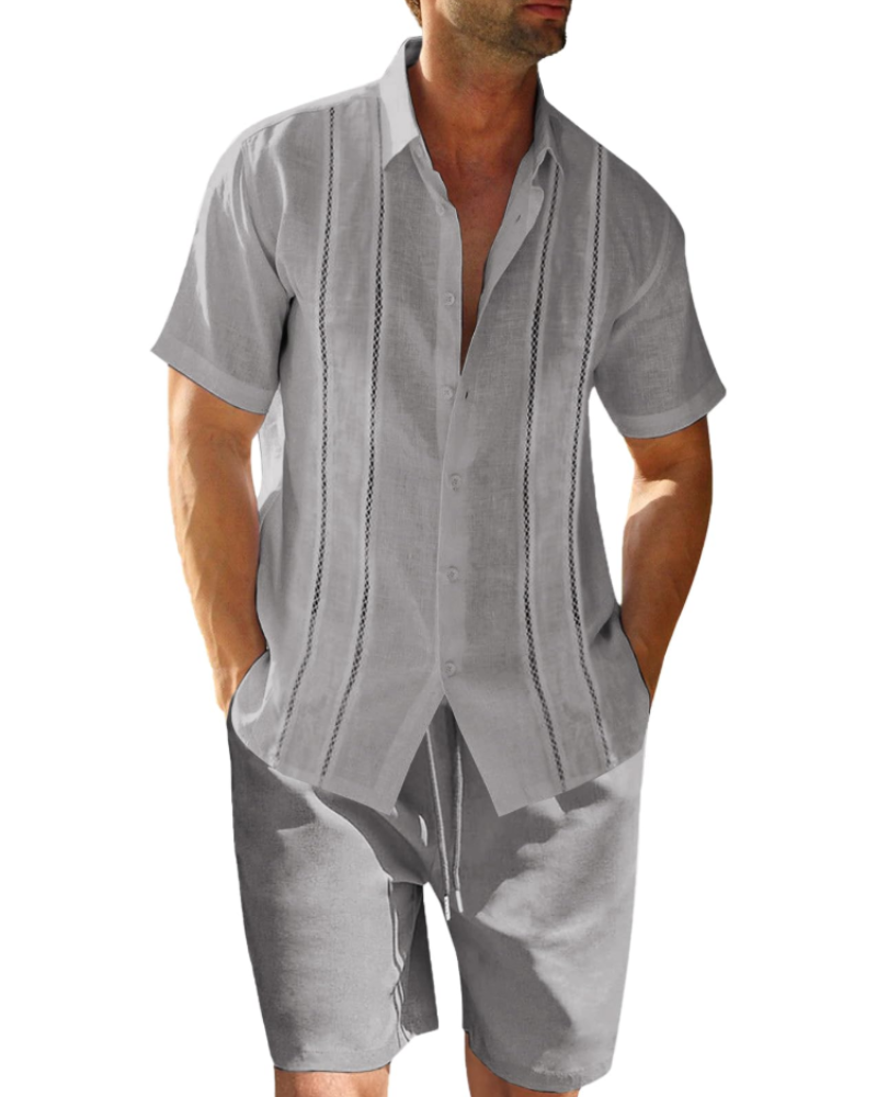 Ethan Conjunto Lino Hombre – Camisa Cubana Manga Corta, Shorts con Cordón y Rayas