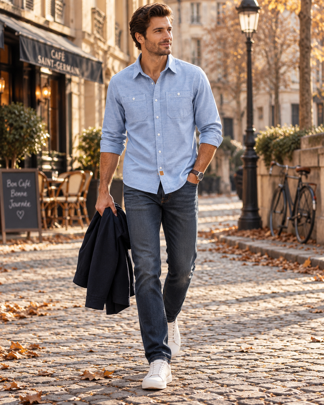 Camisa vaquera ligera Norberto para Hombre – Cierre de botones, Mangas largas y Bolsillos en el pecho