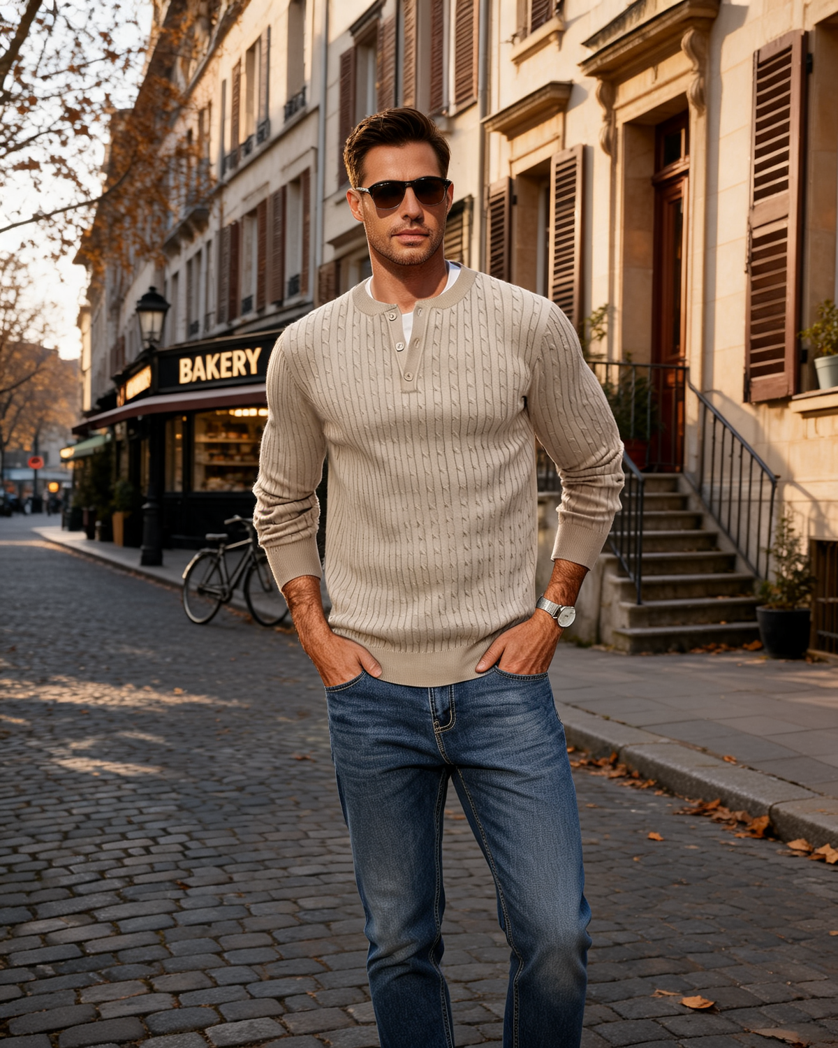 Suéter estilo henley Adrián para Hombre – Corte sastre, Cuello redondo y Mangas largas