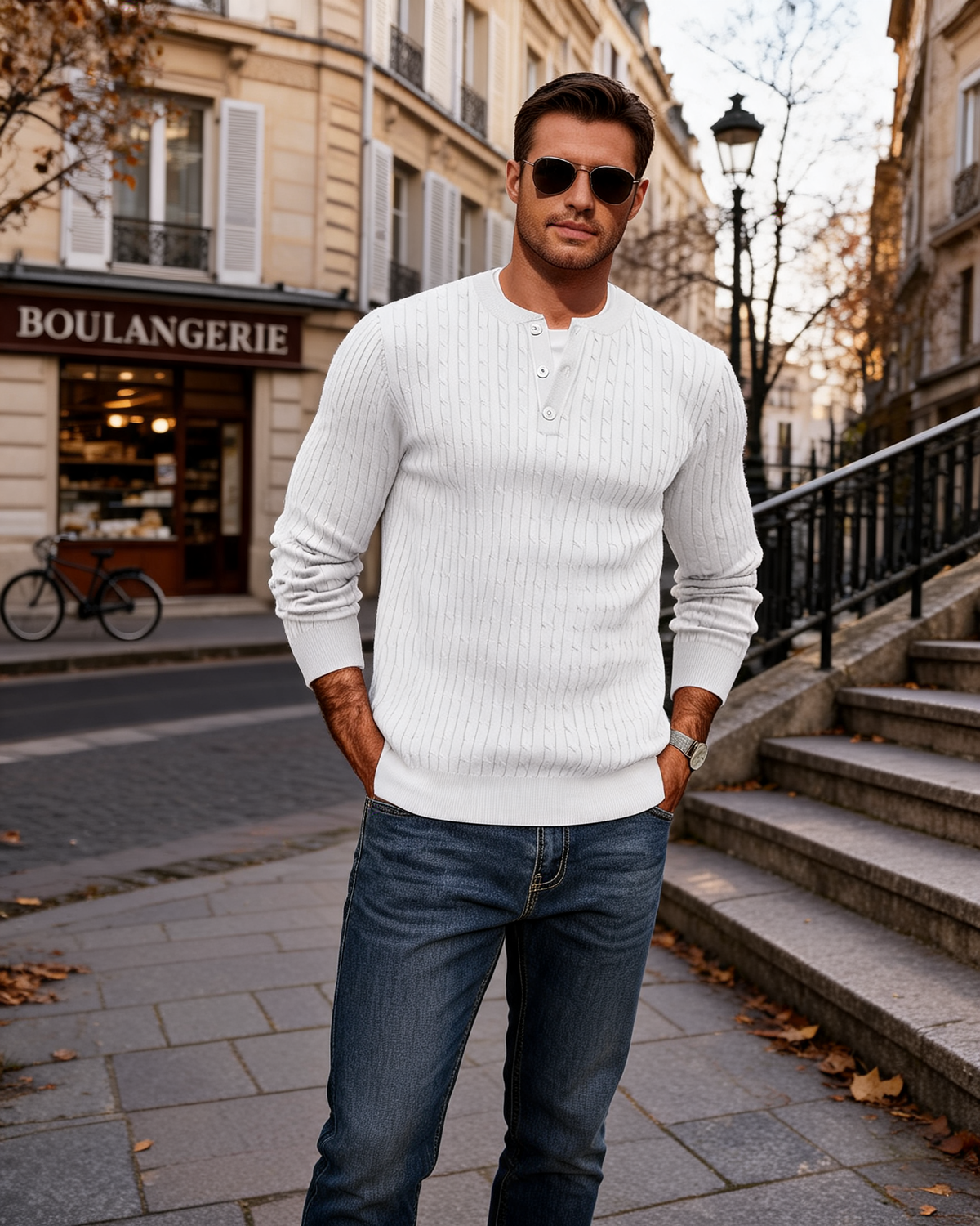 Suéter estilo henley Adrián para Hombre – Corte sastre, Cuello redondo y Mangas largas