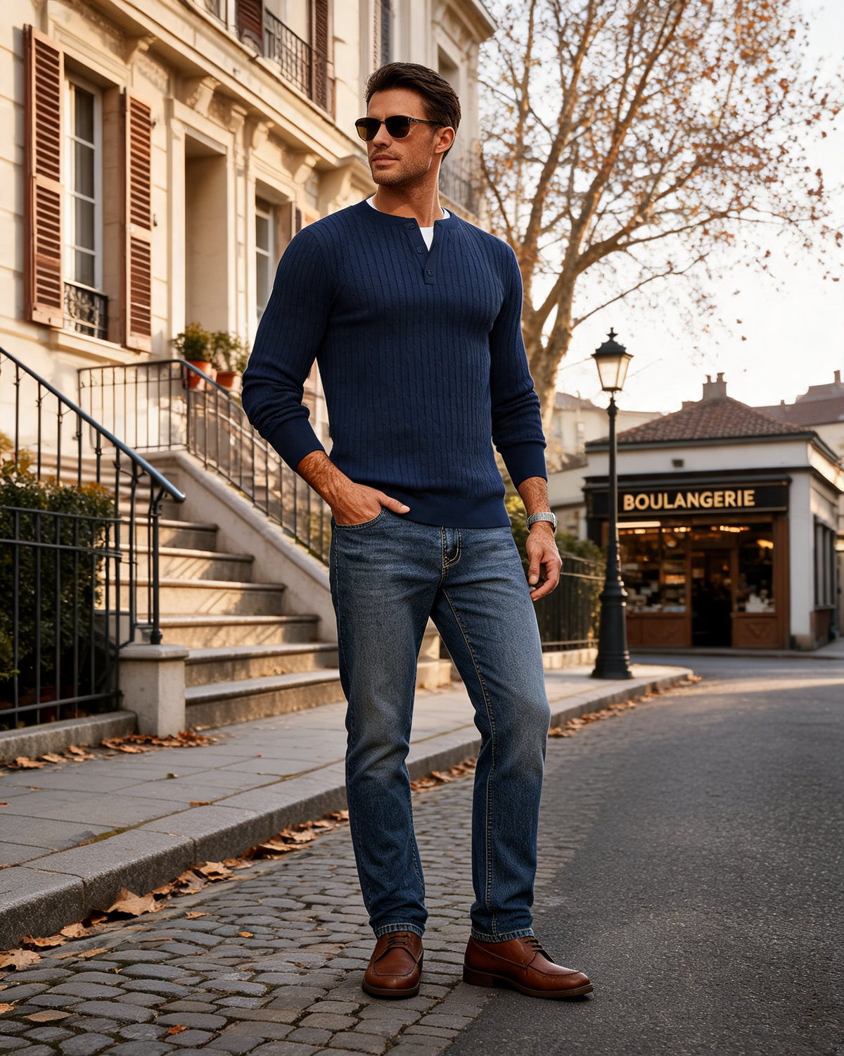 Suéter estilo henley Adrián para Hombre – Corte sastre, Cuello redondo y Mangas largas