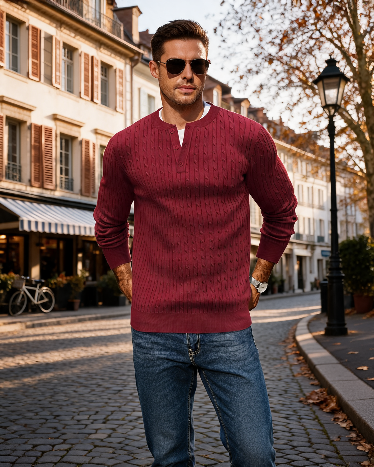 Suéter estilo henley Adrián para Hombre – Corte sastre, Cuello redondo y Mangas largas