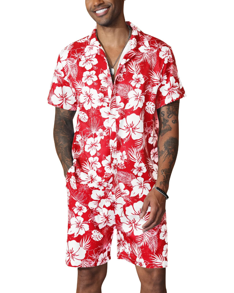 Adrian Conjunto Hawaiano Hombre – Camisa Floral, Shorts con Cordón y Bolsillos