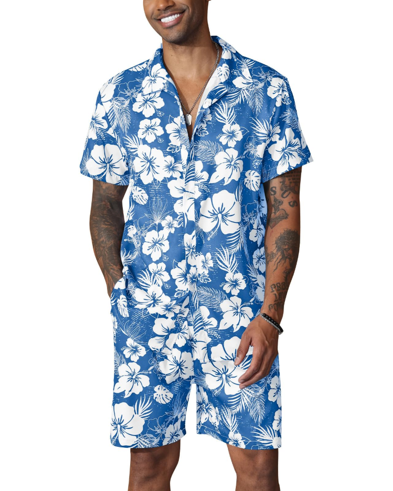 Adrian Conjunto Hawaiano Hombre – Camisa Floral, Shorts con Cordón y Bolsillos