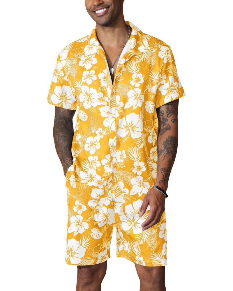 Adrian Conjunto Hawaiano Hombre – Camisa Floral, Shorts con Cordón y Bolsillos