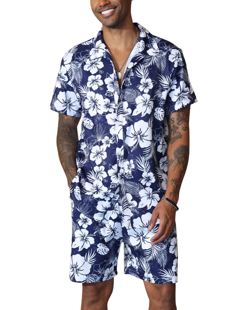 Adrian Conjunto Hawaiano Hombre – Camisa Floral, Shorts con Cordón y Bolsillos