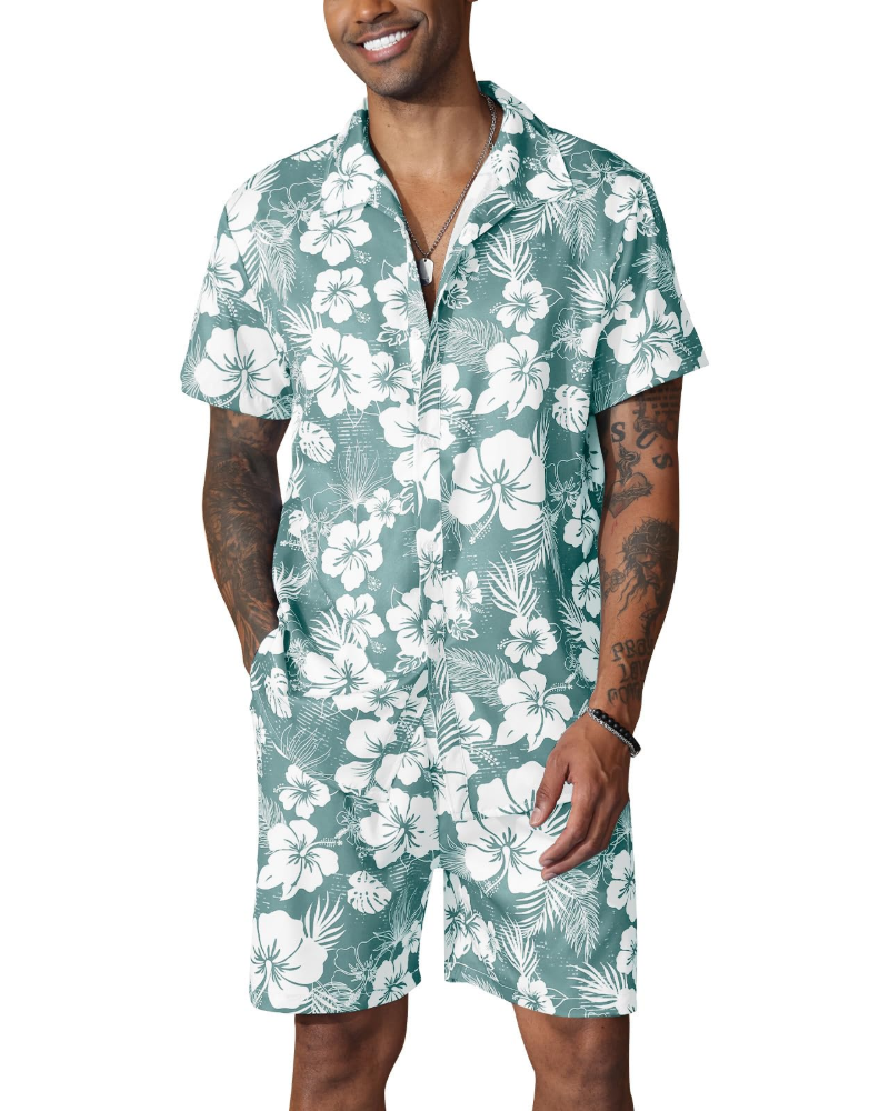 Adrian Conjunto Hawaiano Hombre – Camisa Floral, Shorts con Cordón y Bolsillos