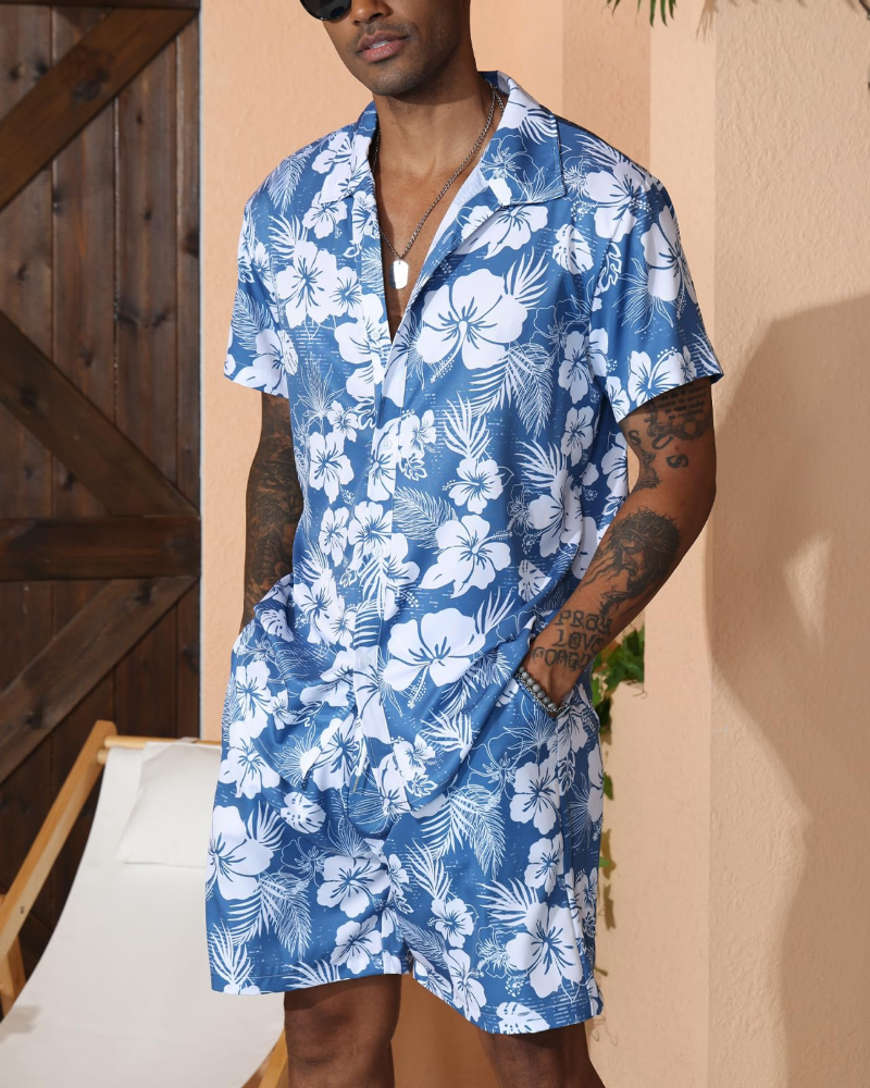 Adrian Conjunto Hawaiano Hombre – Camisa Floral, Shorts con Cordón y Bolsillos