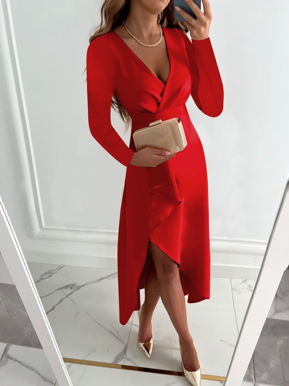 Tessa Robe Élégante pour Femme – Robe Col V Manches Longues Chic