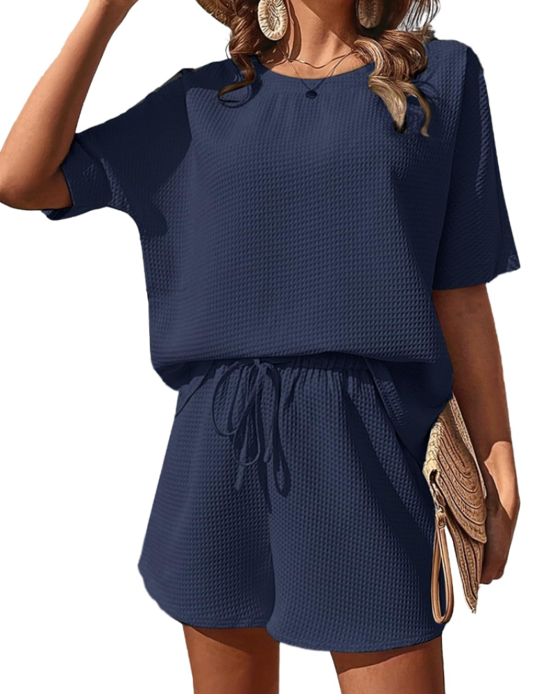 Hannah Conjunto Lounge Mujer – Set Dos Piezas Textura Waffle, Shorts y Camiseta