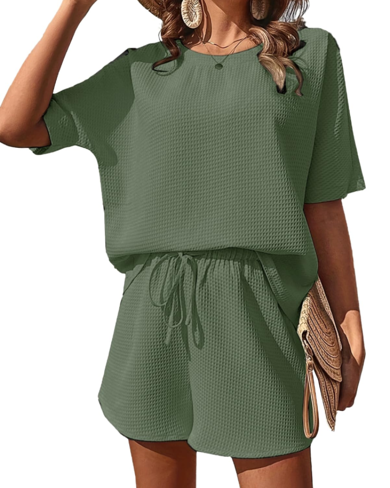 Hannah Conjunto Lounge Mujer – Set Dos Piezas Textura Waffle, Shorts y Camiseta