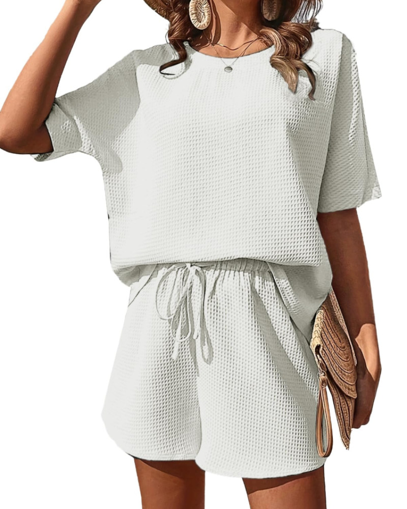 Hannah Conjunto Lounge Mujer – Set Dos Piezas Textura Waffle, Shorts y Camiseta