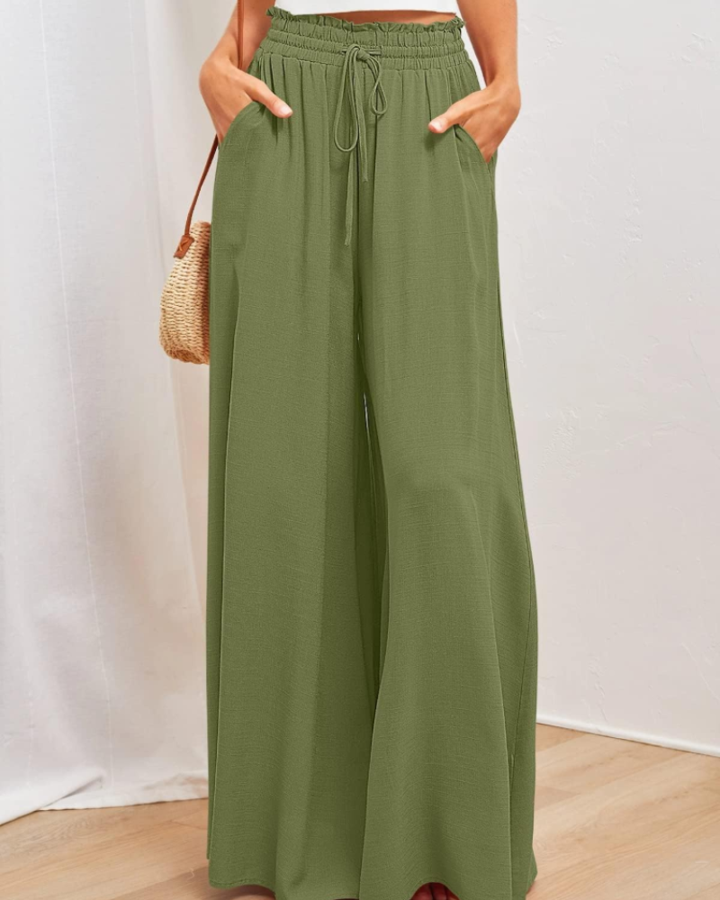 Cora Pantalón Palazzo Mujer – Pierna Ancha con Cordón y Bolsillos