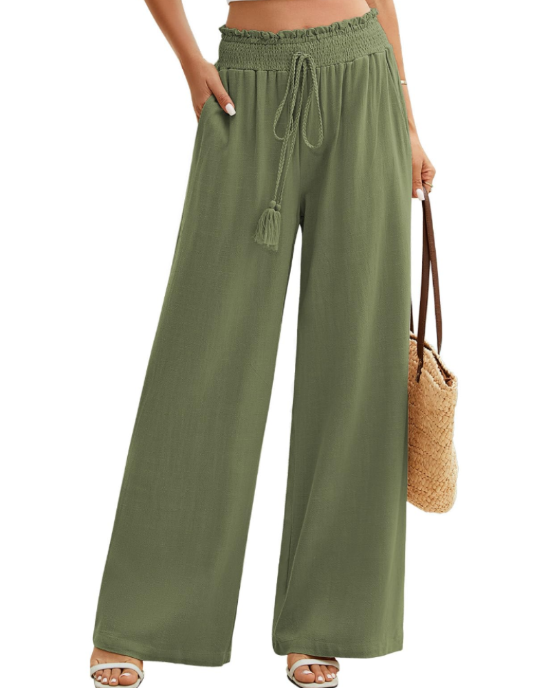Rachel Pantalón Mujer – Lino y Algodón, Pierna Ancha, Cintura Elástica y Bolsillos
