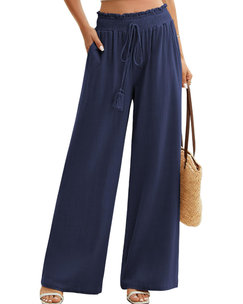 Rachel Pantalón Mujer – Lino y Algodón, Pierna Ancha, Cintura Elástica y Bolsillos