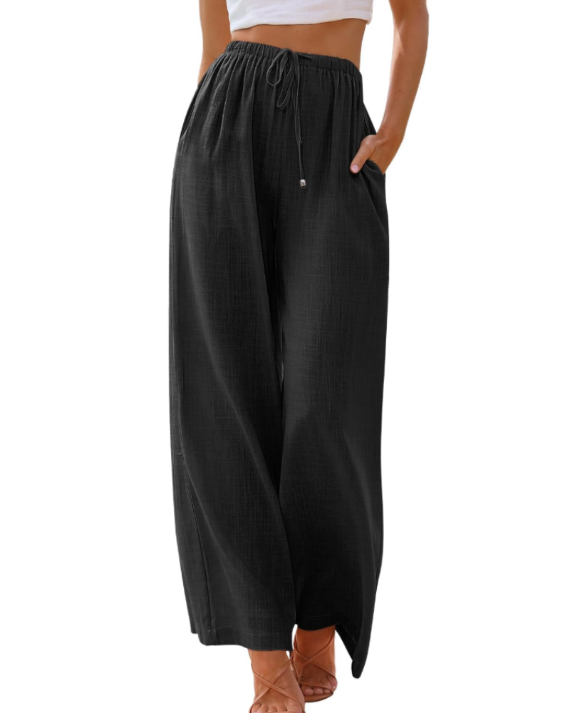 Elena Pantalón Mujer – Lino, Pierna Ancha, Cintura Ajustable y Corte Fluido