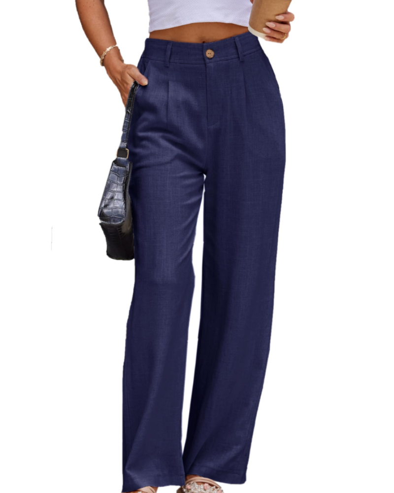 Evelyn Pantalón Lino Mujer – Cintura Alta con Pinzas, Bolsillos y Corte Formal