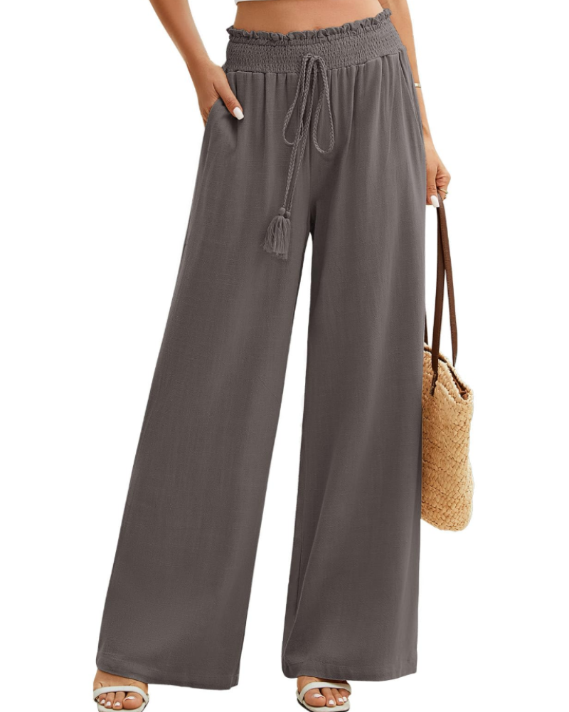 Rachel Pantalón Mujer – Lino y Algodón, Pierna Ancha, Cintura Elástica y Bolsillos