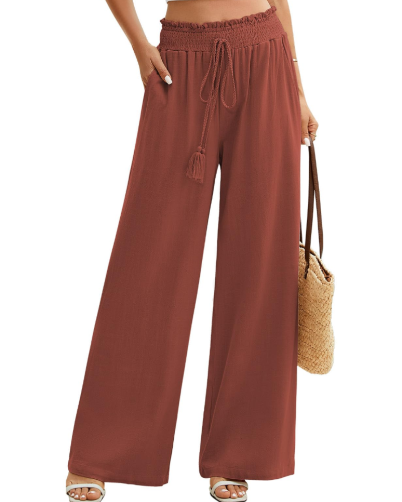 Rachel Pantalón Mujer – Lino y Algodón, Pierna Ancha, Cintura Elástica y Bolsillos