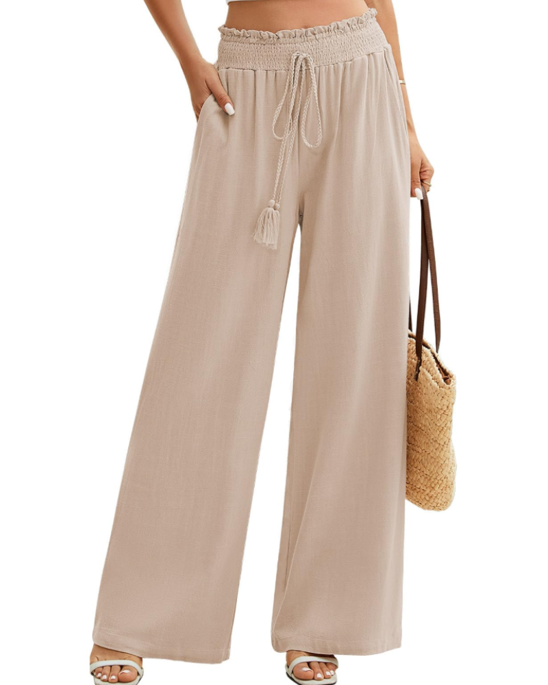 Rachel Pantalón Mujer – Lino y Algodón, Pierna Ancha, Cintura Elástica y Bolsillos